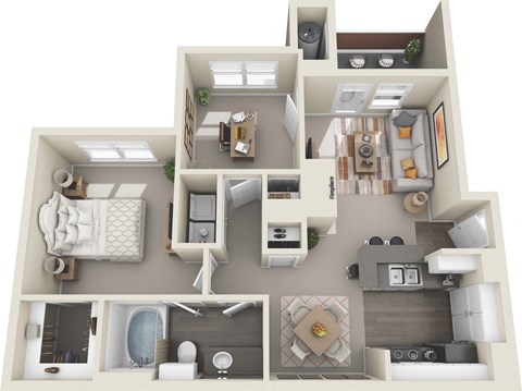 A 3D floor plan of a small apartment with a kitchen, living room, and bathroom.